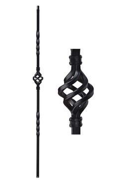 1/2 in. x 44 in. Atlas Hollow wrought iron baluster in a satin black finish, featuring a single 5.5 inch basket and two six inch twists.