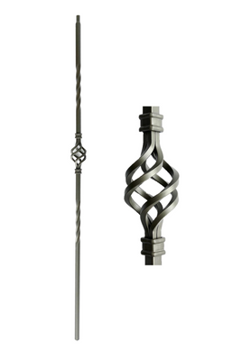 1/2 in. x 44 in. Atlas Hollow wrought iron baluster in an ash grey finish, featuring a single 5.5 inch basket and two six inch twists.