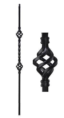 1/2 in. x 44 in Atlas Hollow wrought iron baluster in a satin black finish, featuring two 5.5 inch baskets with an 8 inch twist in the center.