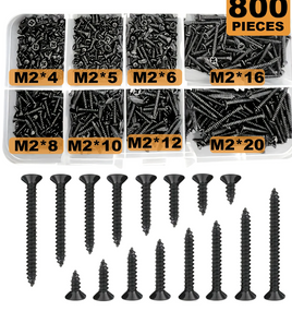 M2 black Flat Head Cross Carbon Steel Self-Tapping Screw 800Pcs, Suitable For Home Improvement, DIY Engineering, Electronic Prod