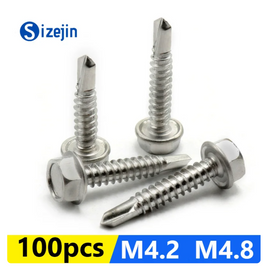 100PCS 410 Stainless Steel Outer Hexagonal Head Self-drilling Screw M4.2 M4.8 Fasteners Tools Repair Accessories M4.2, 16mm