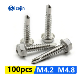 100PCS 410 Stainless Steel Outer Hexagonal Head Self-drilling Screw M4.2 M4.8 Fasteners Tools Repair Accessories M4.8, 16mm