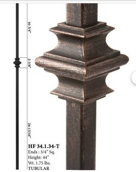 DEFARIA IRON OIL RUBBED BRONZE BALUSTER  SINGLE KNUCKLE  ENDS 1/2 SQUARE HALLOW HEIGTH 44''