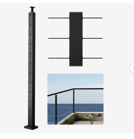 VEVOR Cable Railing Post, 42x1x2 Inch Corner Railing Post, with L-Shaped Pre-Drilled Holes, Stainless Steel Cable Rail Post with Horizontal and Curved Bracket, 1-Pack, Black,