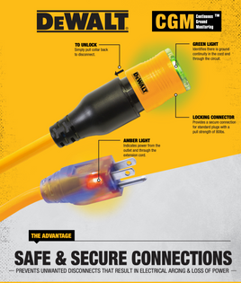 Dewalt® 10/3 SJTW 50 feet LIGHTED LOCKING EXTENSION CORD 15A, 125V	60°C to -50°C (140°F to -58°F)