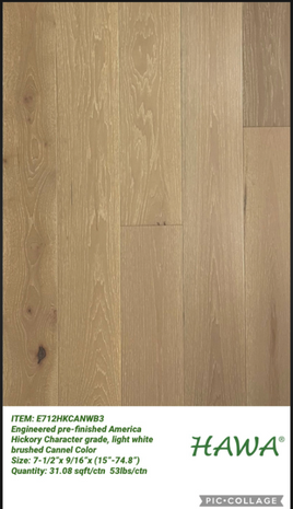 HAWA ENGINEERED AMERICAN HICKORY CANNEL COLOR Hickory 9/16in (3mm) x 7.5in x RL14/3x190x400-1900mm, RL, 31.08 sf/c, 35/pal, 735 ctns/21 pal/40'FCL, 58 Ibs per ctn