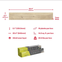 7mm x 5.1" W x 25.4" L  Lucida  Deco Core Color. Spice oak  22 MIL 14.50 SQFT.