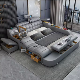 Modern Simple Leather Double Bed Intelligent Multi-function Massage with Projector Storage Bed Hotel Sex Queen Bed