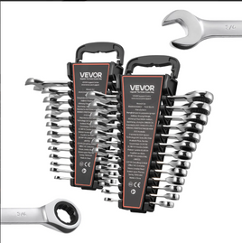 VEVOR Combination Wrench Set, 26-Piece SAE and Metric, 72 Teeth, Cr-V Steel Ratcheting Wrench Set, with Rack Organizer, Open End, Clear Size Labels, for General Household, Automotive Repairs, Silver
